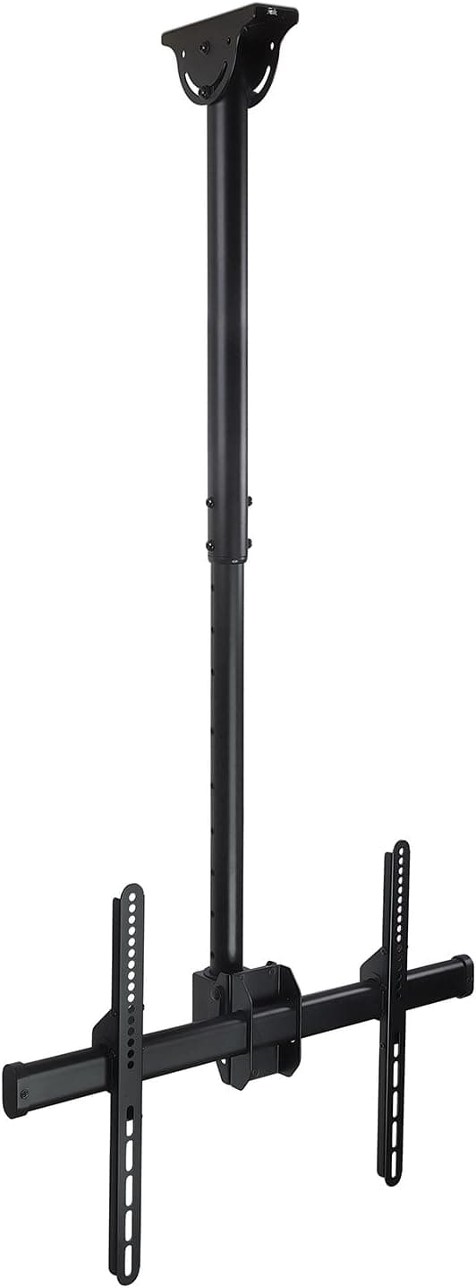 Product photo of a black ceiling TV mount pole and bracket against a white background.