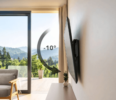 A wall-mounted TV tilted downward roughly 10 degrees, illustrated with an angle diagram, near a bright window.