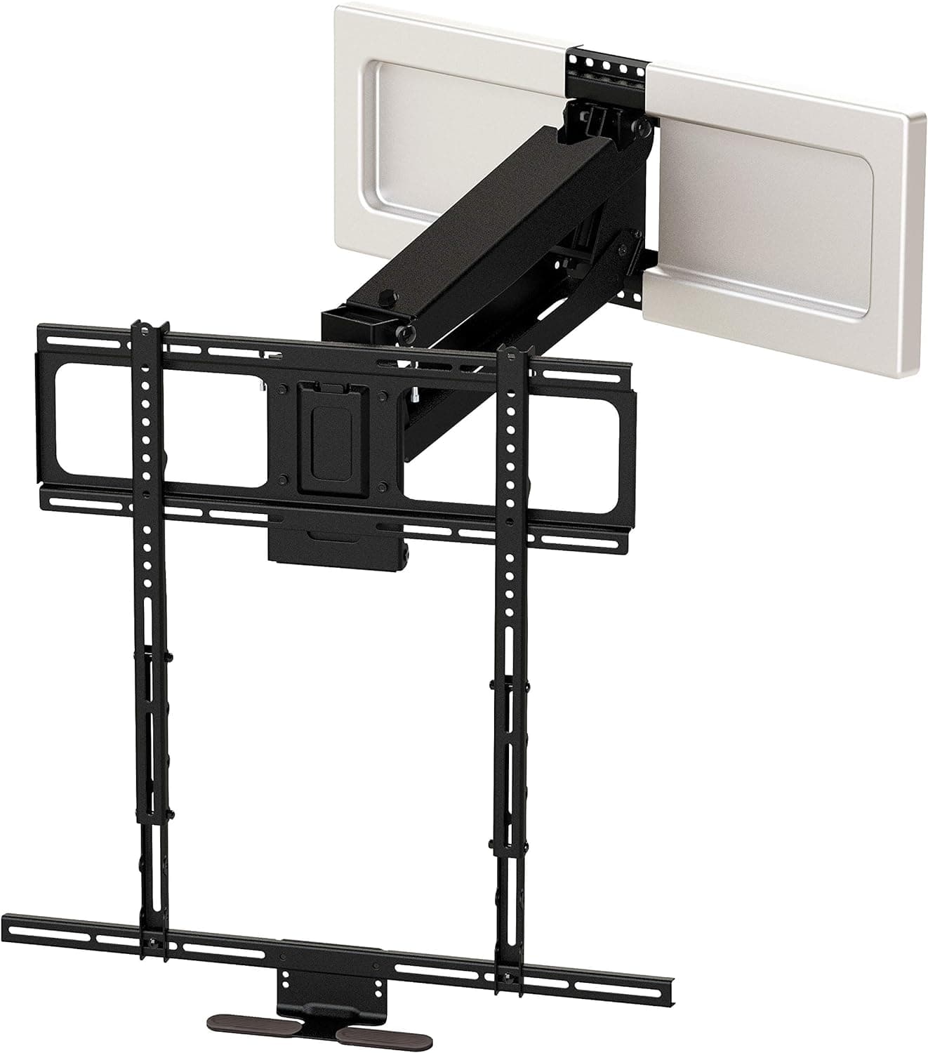 Product photo of a mantel pull-down TV mount bracket with its extension arm, against a white background.